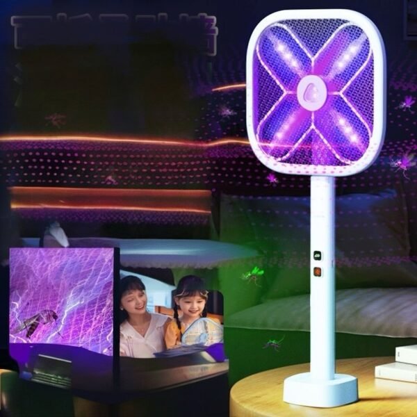 Raquette Anti-Moustiques Électrique UV – Rechargeable, Haute Tension 3500V / 4000V, Double Usage Fixe & Manuel